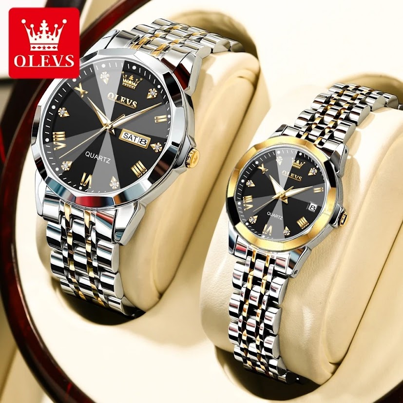 Olevs Couple Fashion Stainless Steel Analog Wrist Watch For Men & Women Black Color